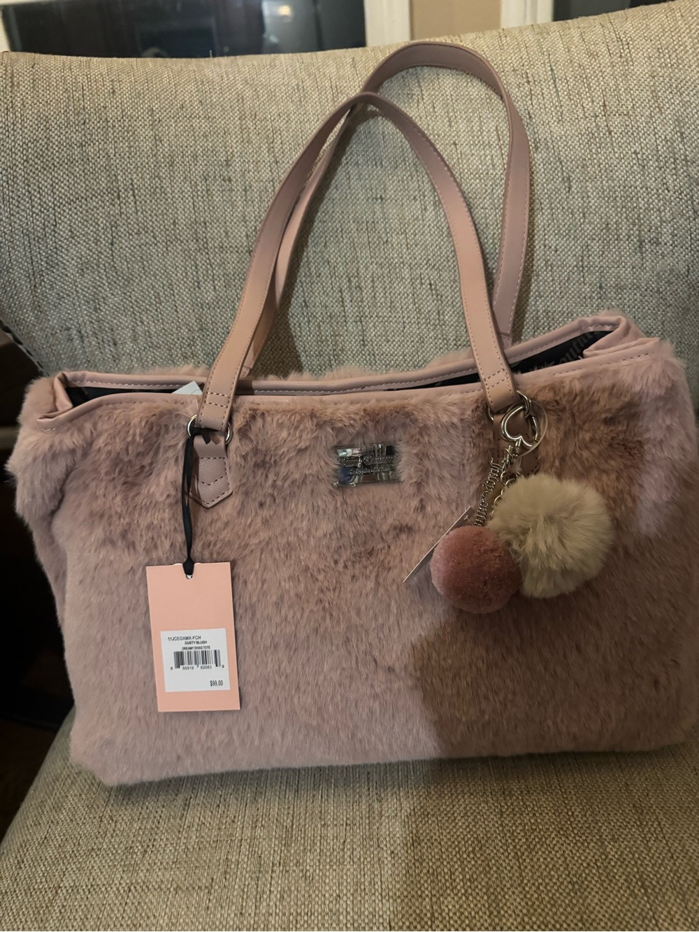Faux Fur Pink Tote Bag with Pom Charm juicy couture dreamy diva